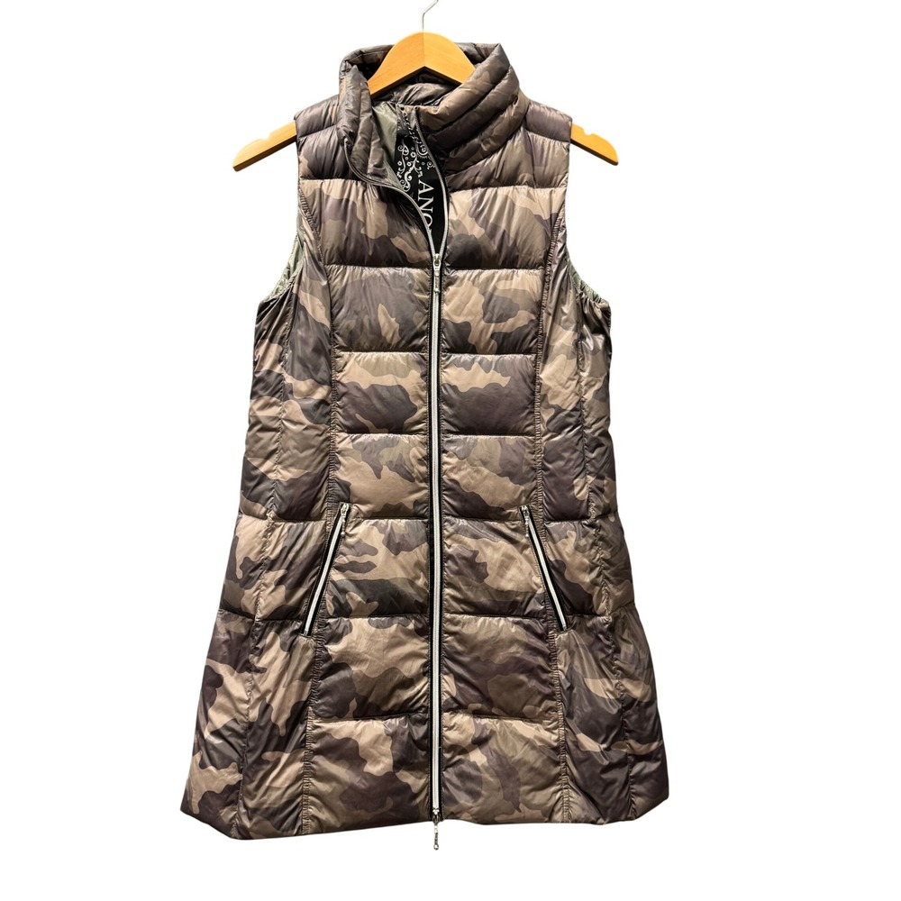 Anorak Puffer Vest Womens Small Camo Long Down Puffer Brown Camouflage